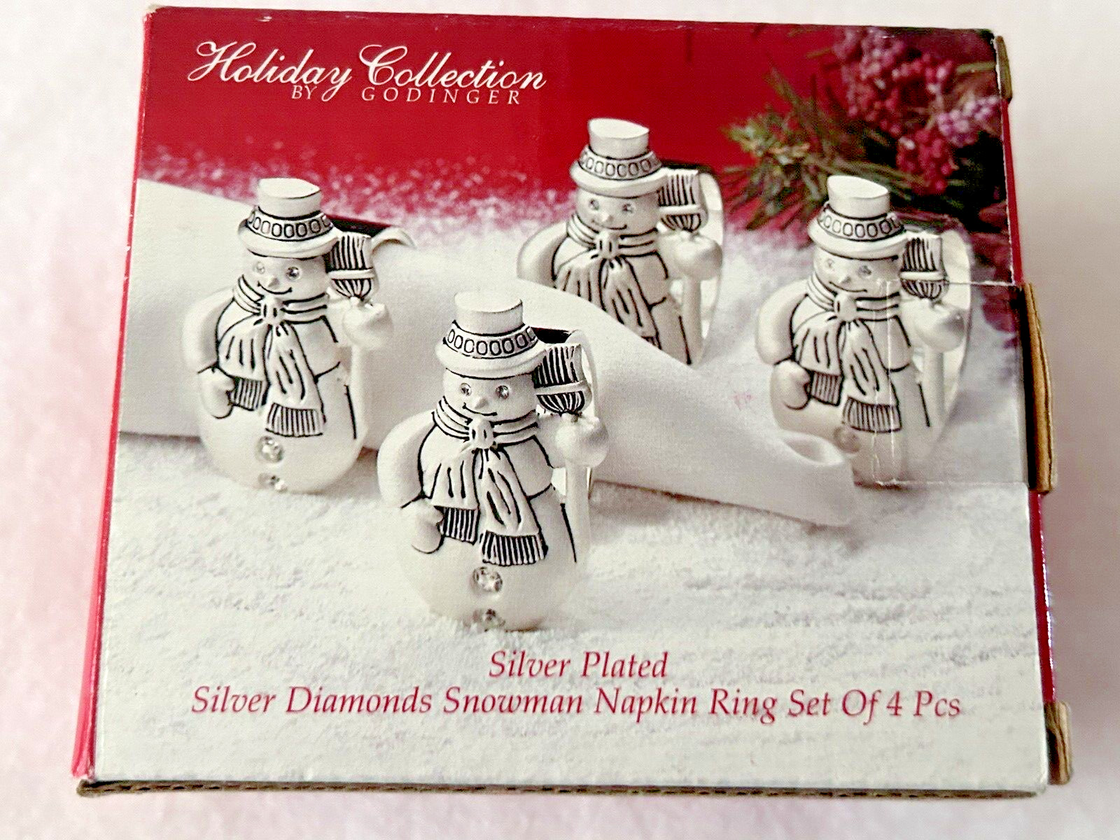 Godinger Silver Plated Diamonds  Winter Snowman Holiday Set of 4 Napkin Rings