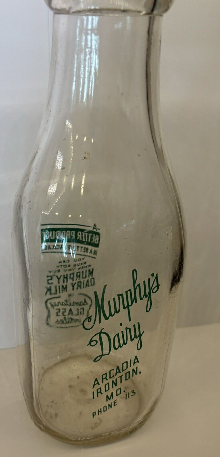Vintage Murphy’s Dairy Arcadia Ironton, MO Milk Bottle “Sanitary Glass Bottle”