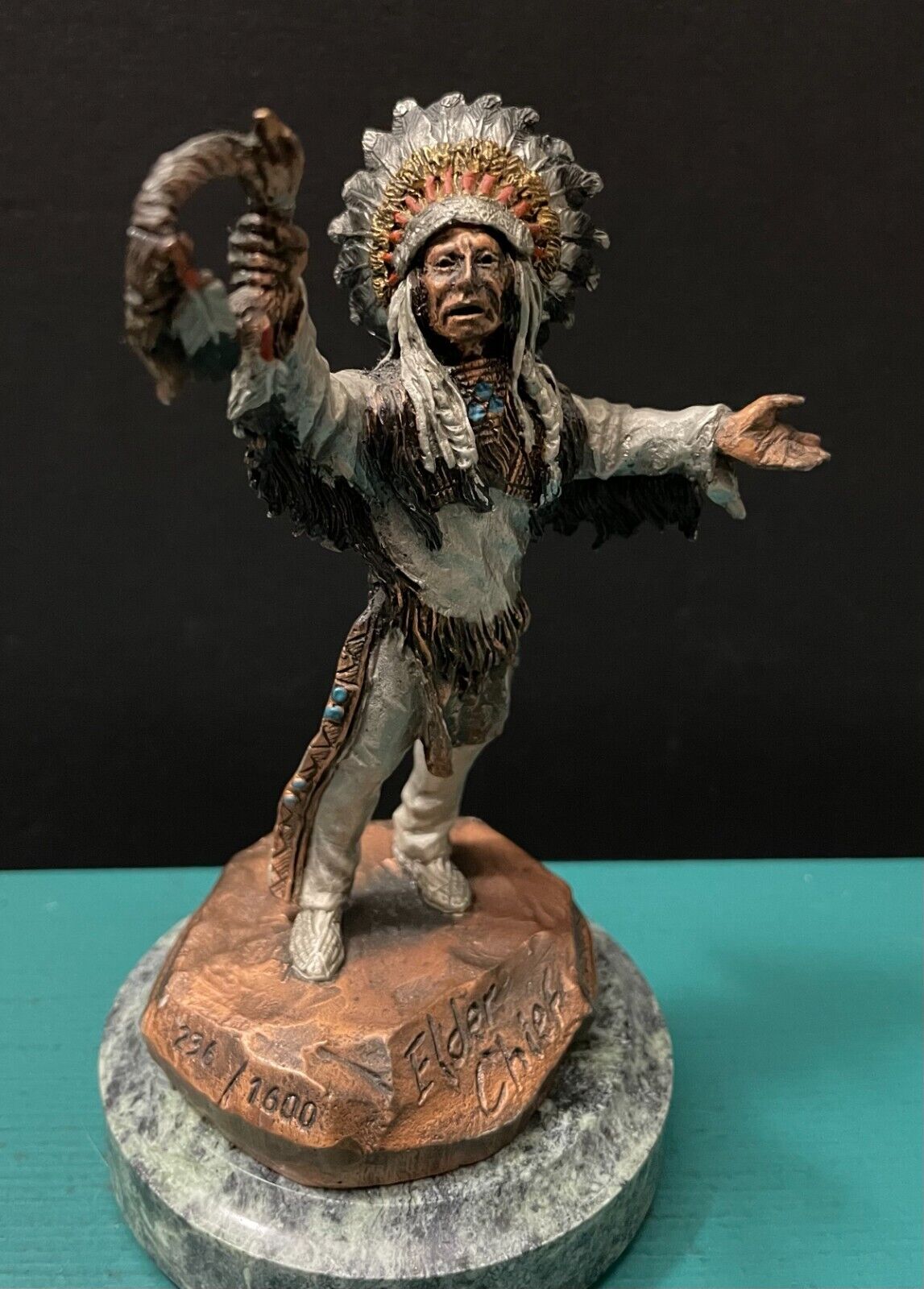 Legends Pardell Native American Indian Shaman Chief War Bonnet Rattle Sculpture