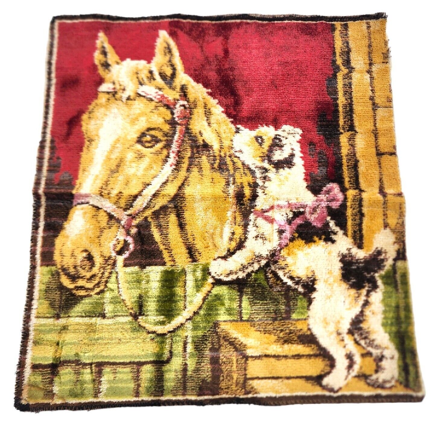 Vintage Tapastry Horse Puppy Dog Pink Bow For Pillow Cover Frame Chair Cover