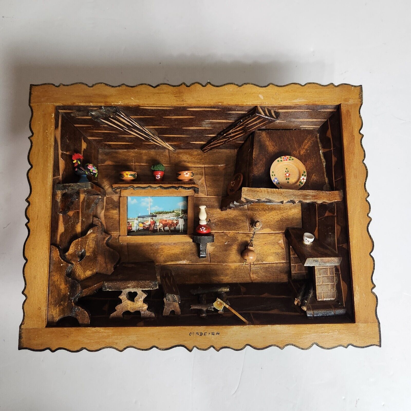 Vintage Portugal 3D Diorama Wooden Shadow Box Folk Art Rustic Kitchen Handmade