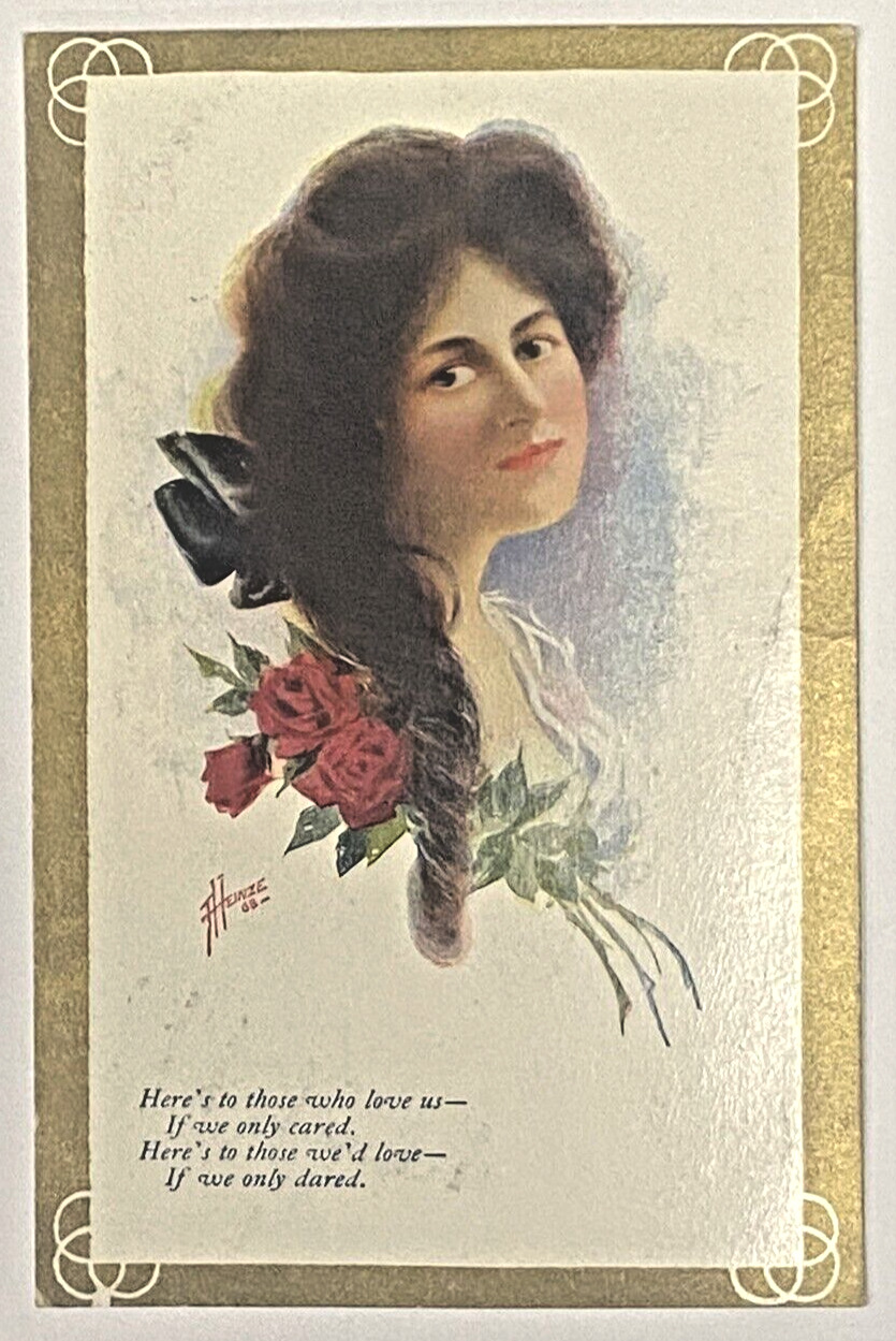 Vintage 1908 Postcard Beautiful Woman Roses Poem Artist Signed Gold Frame