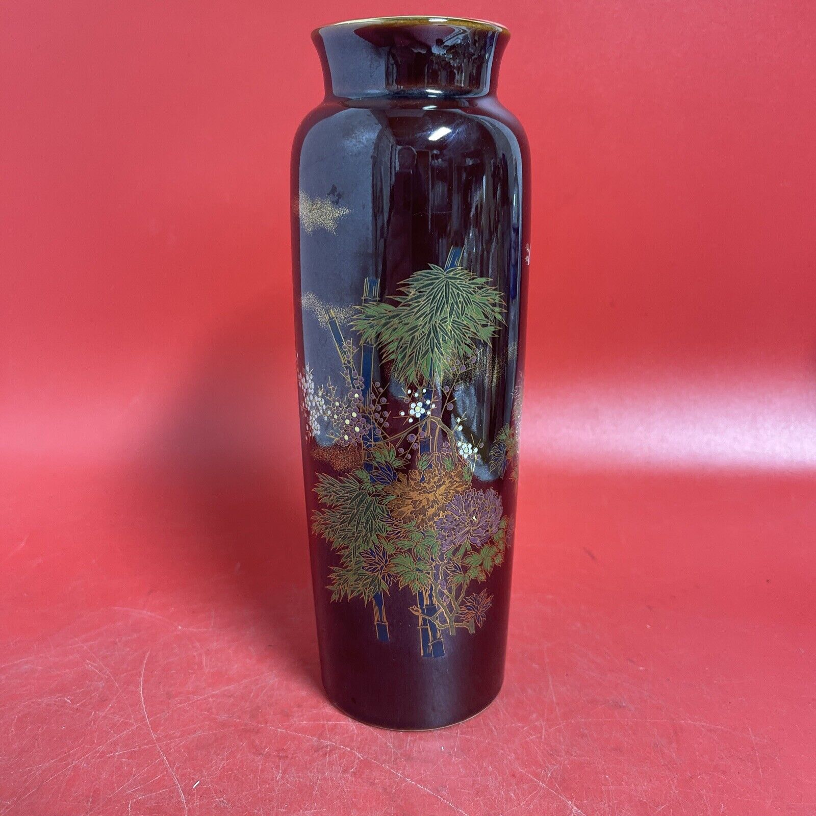 LOVELY LARGE VINTAGE JAPANESE FLORAL AND BAMBOO VASE  10”