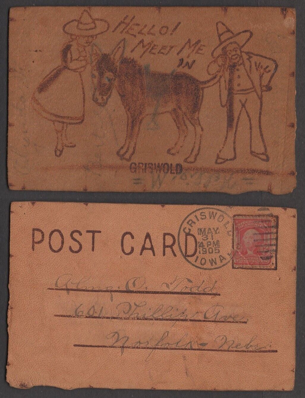 1905 Iowa Postcard – Leather – Griswold – Donkey Telephone