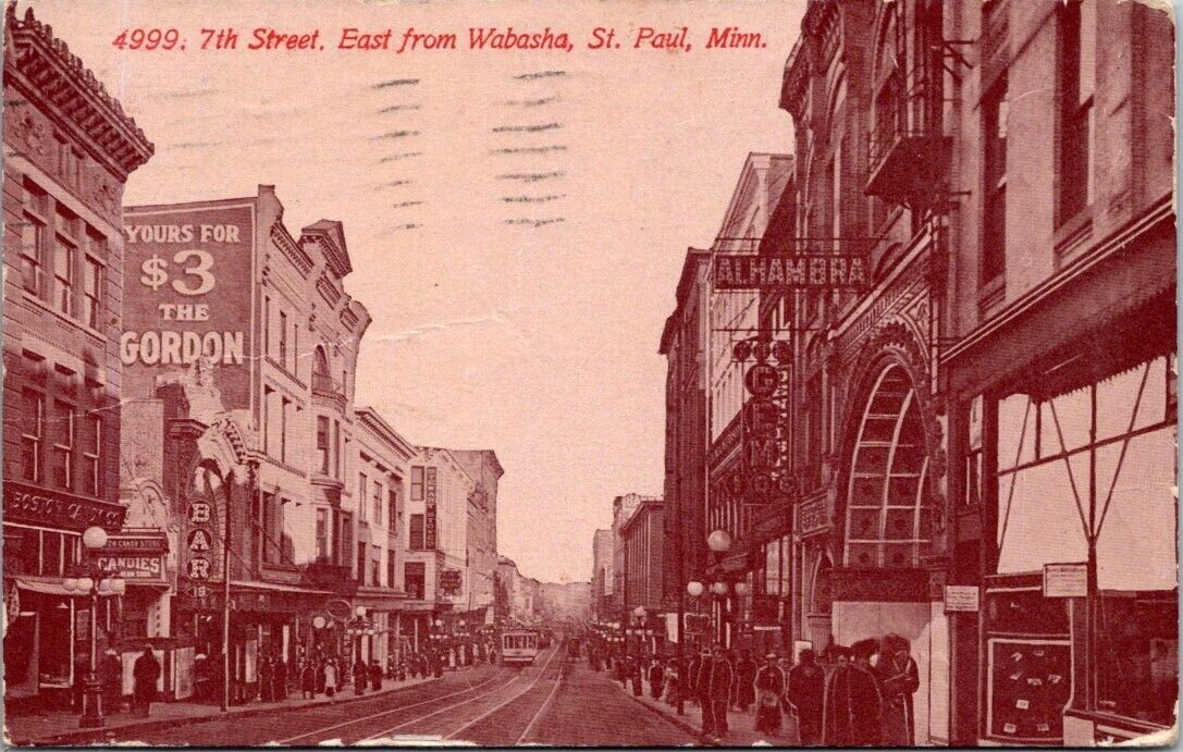 MN 7th St. East from Wabasha ST. PAUL Boston Candy Co. Streetcars Alhambra 1913