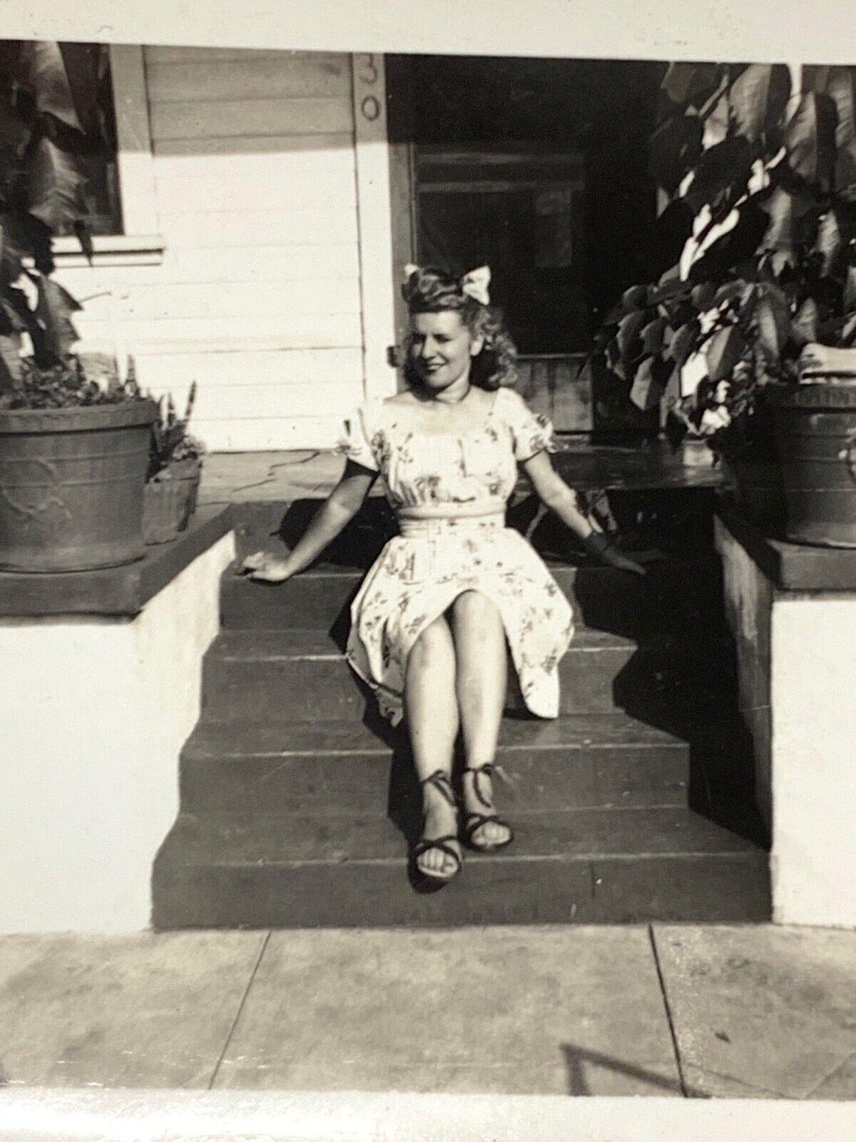 (AnA) FOUND Photo Photograph Pretty Woman Posing On Stairs White Dress Bow Hair