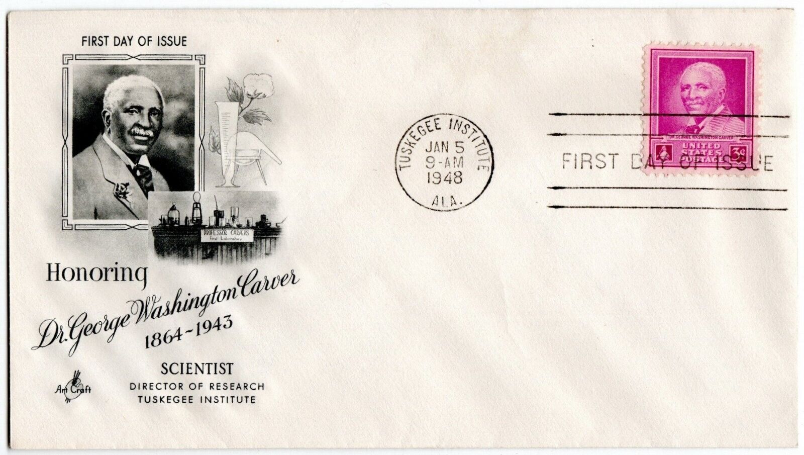 GEORGE WASHINGTON CARVER 1948 FIRST DAY COVER TUSKEGEE INSTITUTE 1st LABORATORY