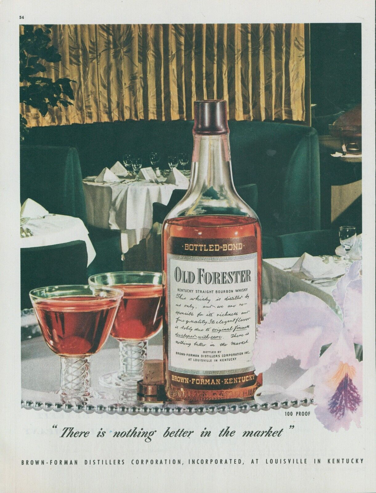1947 Old Forester Bourbon Glasses Restaurant Interior Booths Print Ad C19