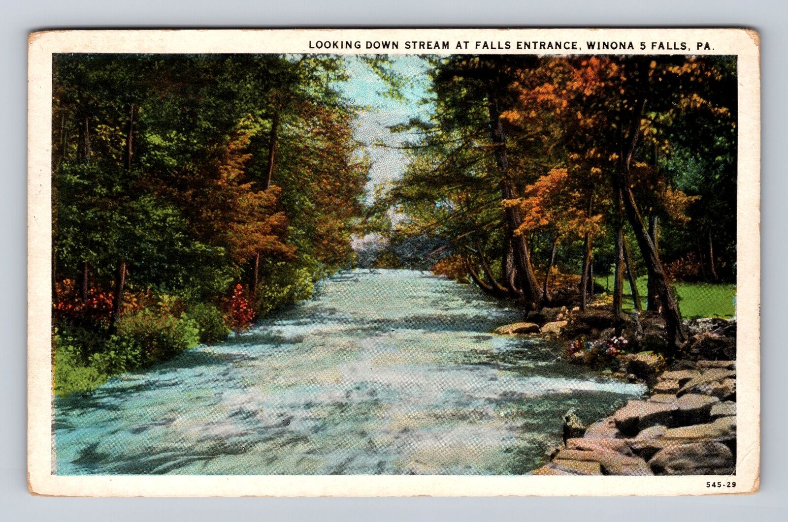Winona 5 Falls PA-Pennsylvania, Looking Down Stream, Vintage c1929 Postcard