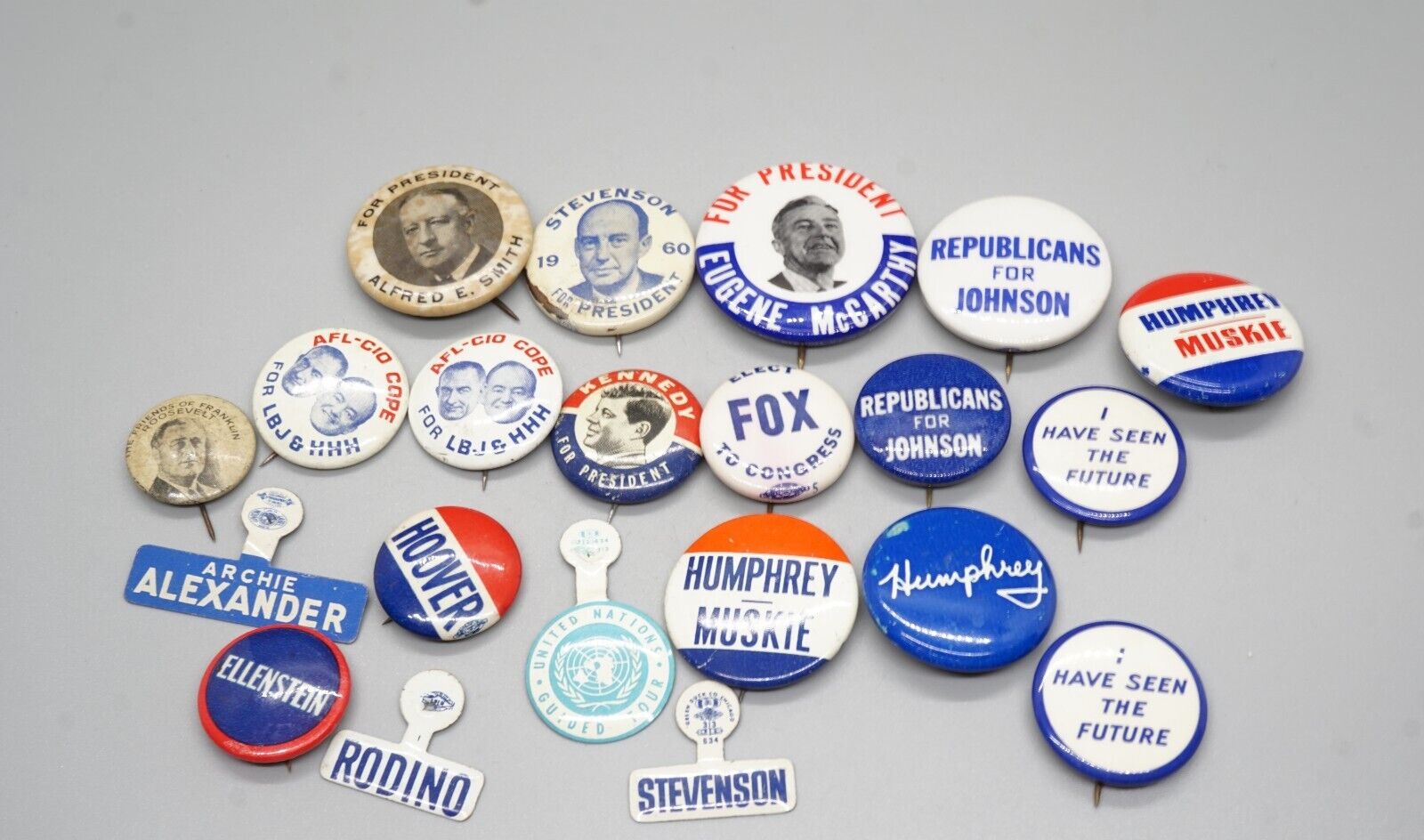 Vintage 1930s-1970s Roosevelt, Humphrey, LBJ, Al Smith & JFK Political Pins Lot