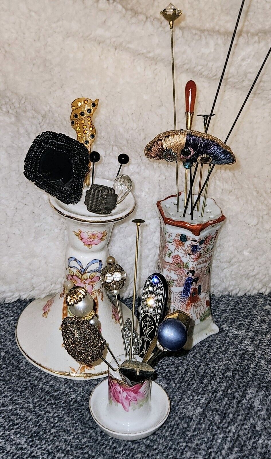 Vintage Collection Of 21 Unique Hatpins With 3 Holders