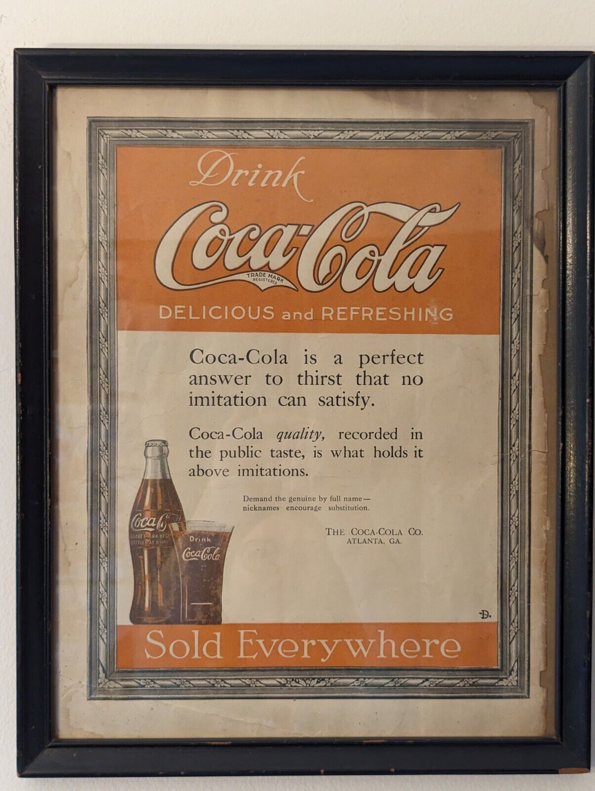 Antique Coca Cola Ad 1919 Magazine Print Framed SOLD EVERYWHERE Coke Vintage