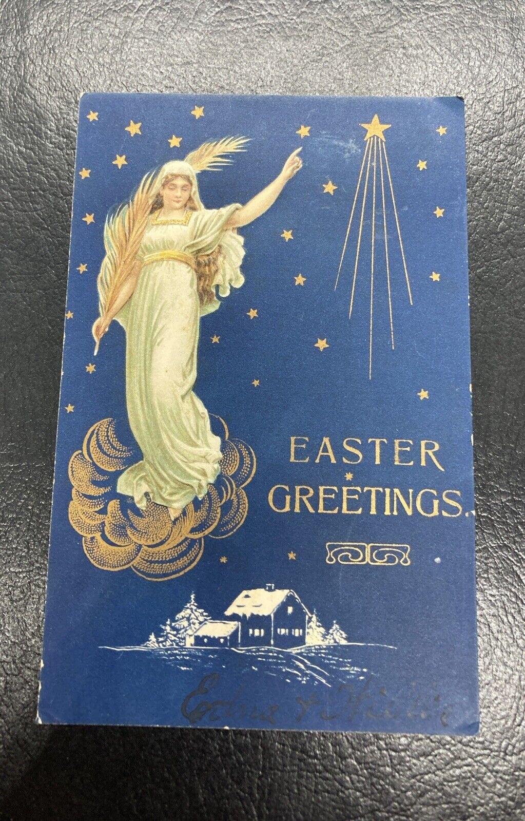 1908 Easter Greeting Mary Palm Sunday Gold Stars Home Trees Germany Postcard