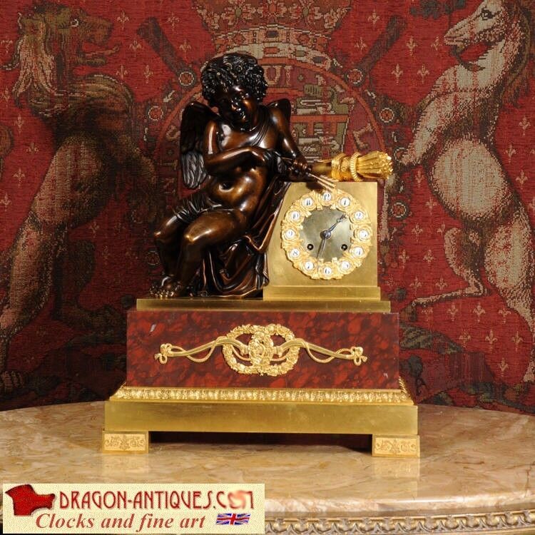 FINE EARLY BRONZE ORMOLU MARBLE CLOCK CUPID SILK SUSPENSION MOVEMENT PAILLY 1840