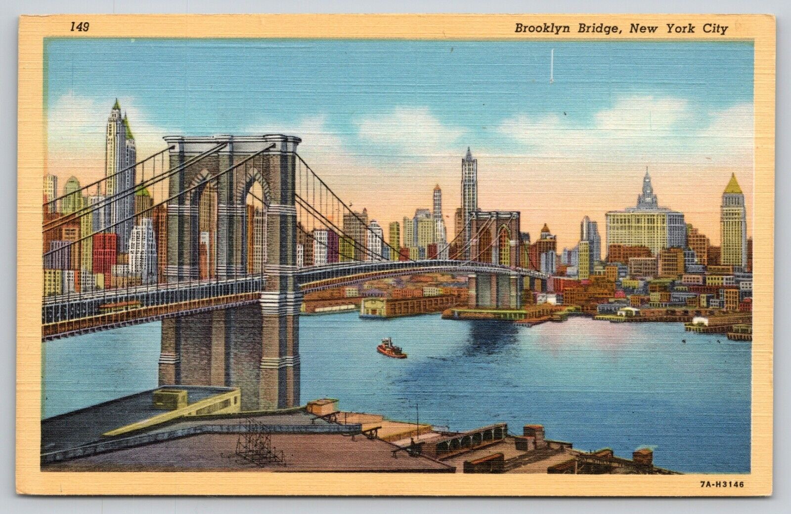 Postcard NY New York City Brooklyn Bridge Linen UNP A15