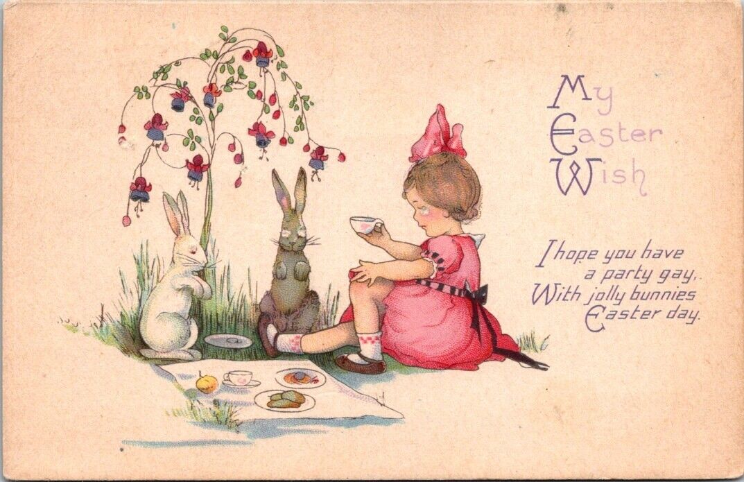 Easter Girl Having Tea Party With White Grey Rabbits Bunny c1910s postcard PP1