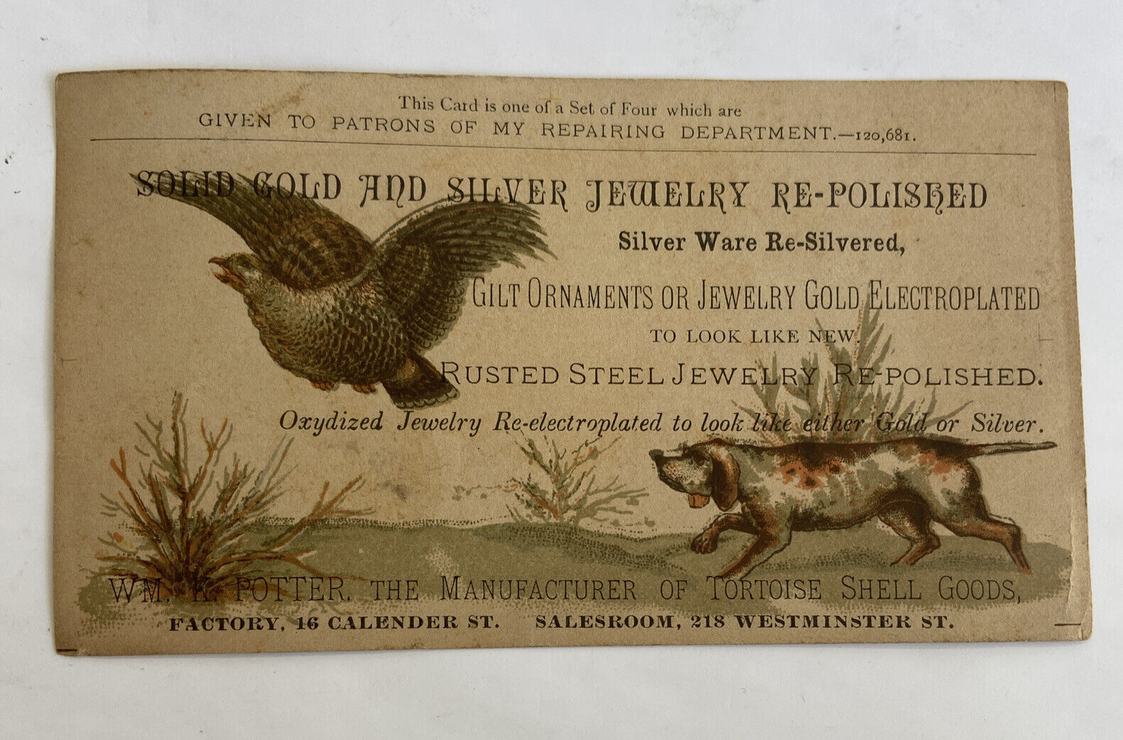 Victorian jewelers trade card, c1880s Providence hunting dog grouse turkey A79-1