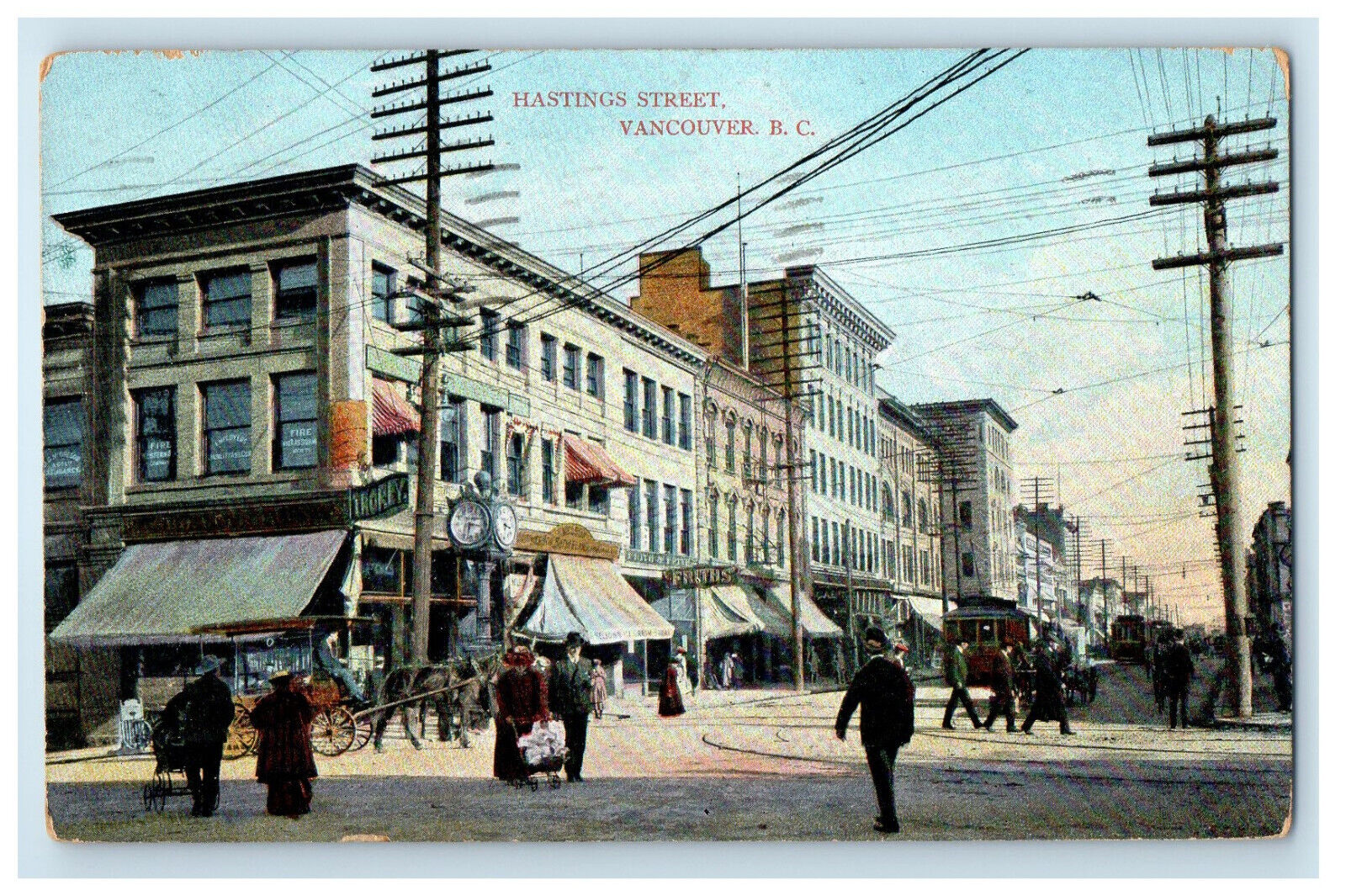 1908 Trolley Cars Business District Hastings Street Vancouver BC Canada Postcard