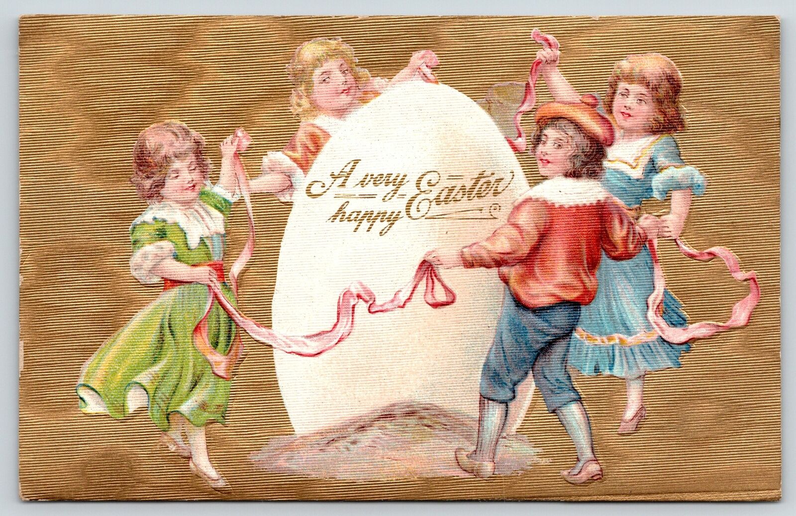 Victorian Easter~Children Dance Around Exaggerated Egg~Pink Ribbon~Gold Back