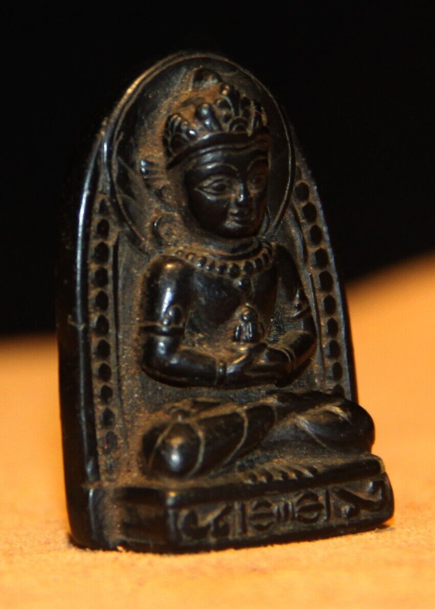 Rare Nice Tibetan 1500s Old Antique Buddhist Black Stone Buddha Statue Amitayus