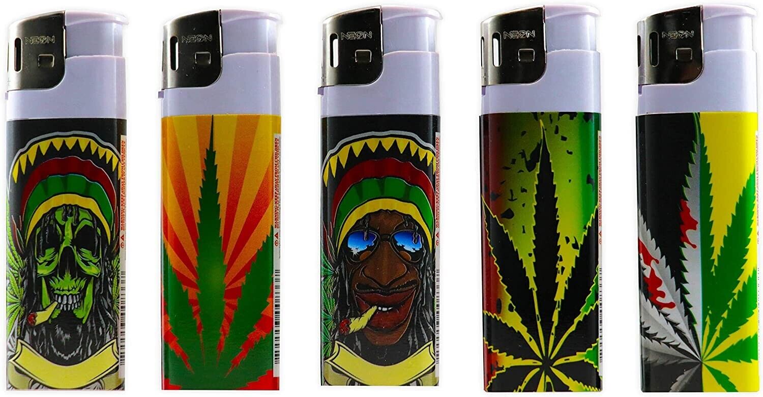 Rasta Neon Electronic Disposable Lighters, Assorted Colors- Count 5