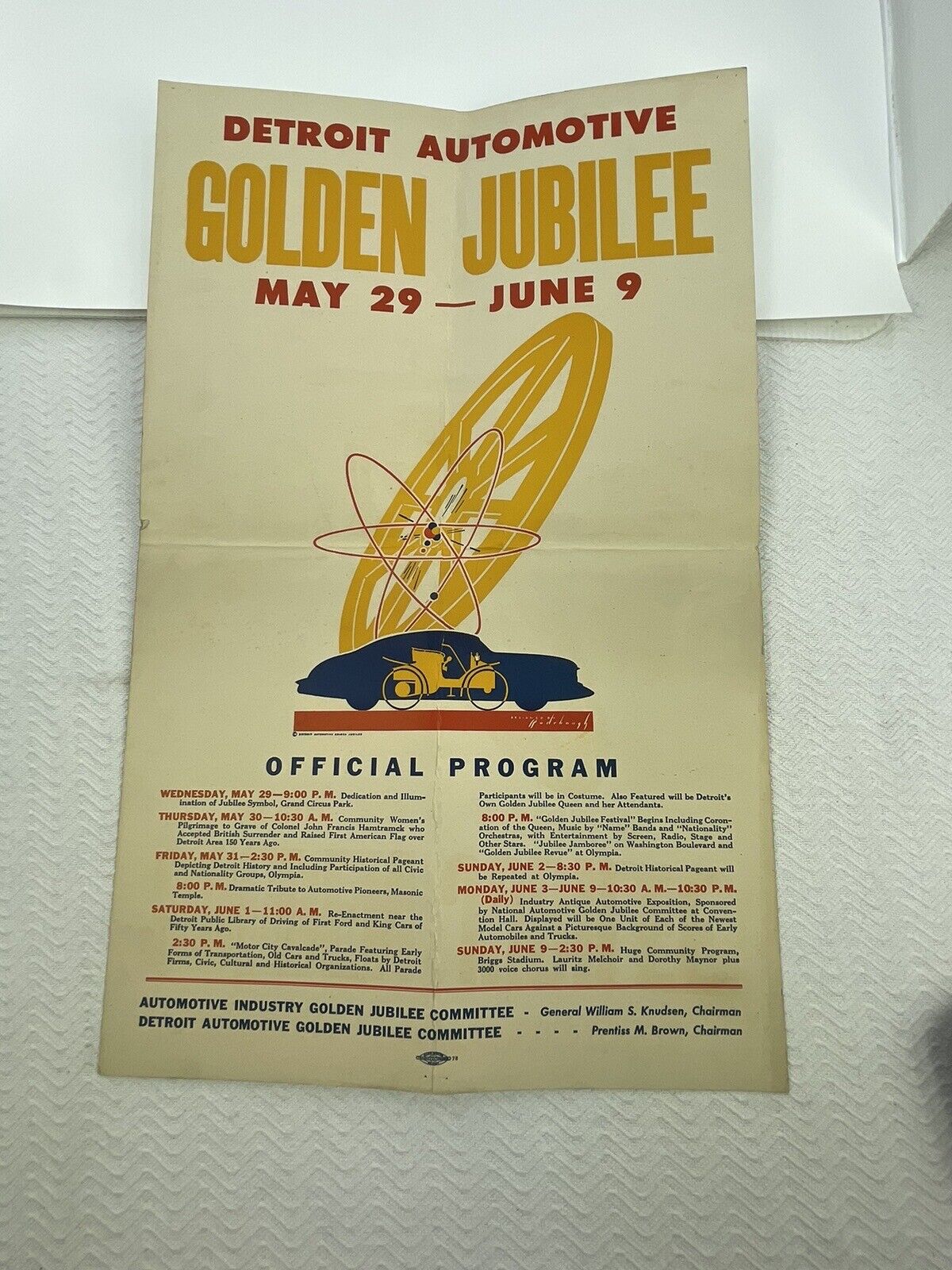 Original VTG WW2 Era Detroit  Automotive Golden Jubilee Official Program Poster