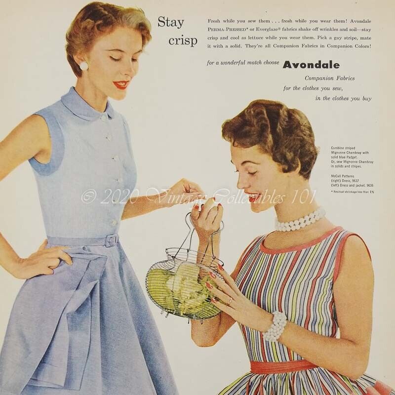 1954 Avondale Perma-Pressed Fabrics McCalls 9637 9636 photo art decor print ad