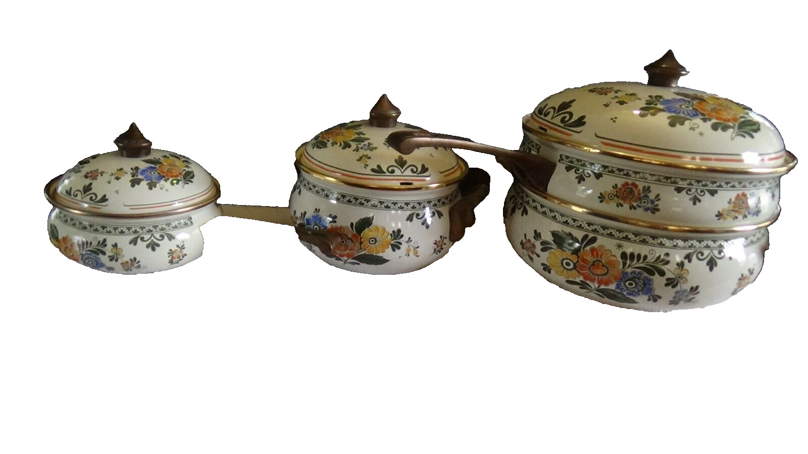 Vintage ASTA Enamelware Cookware 7 Pc Set Floral Old Amsterdam Pots Pans