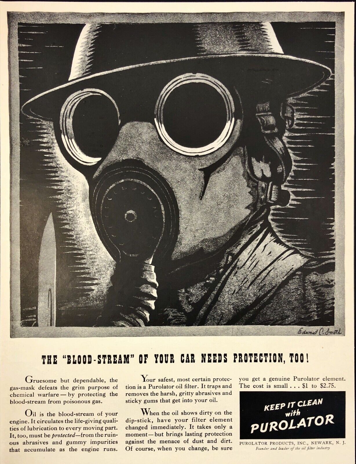 1941 Purolator Oil Filters WWI Era Gas Mask Chemical Warfare Vintage Print Ad