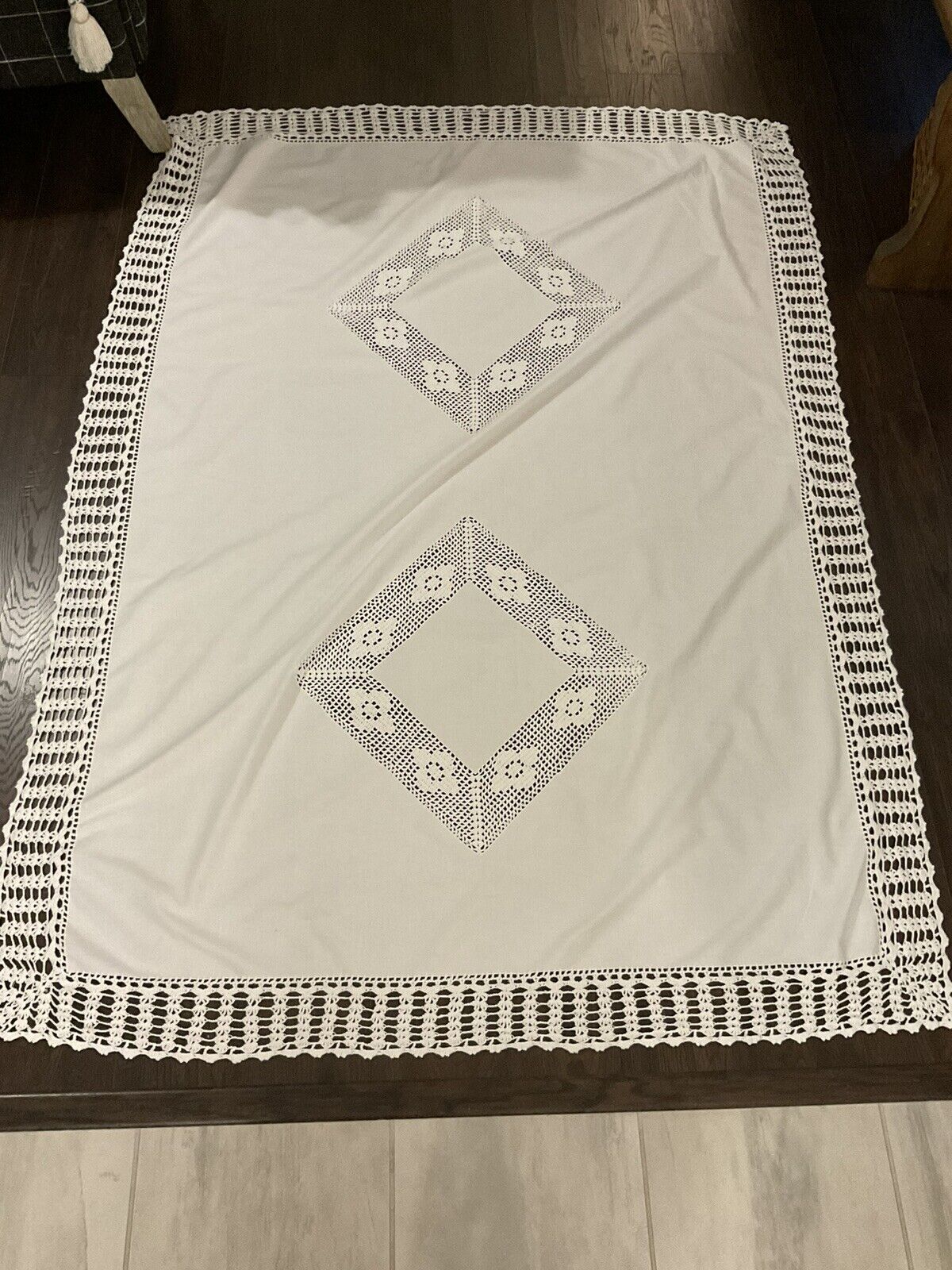 Vintage Table Cloth White/ W  Hand Embroidery And Crocheting Around Edges/center
