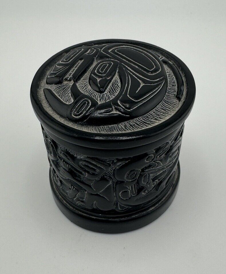 Vintage Boma Canada Tribal Design Black Resin Small Trinket Box