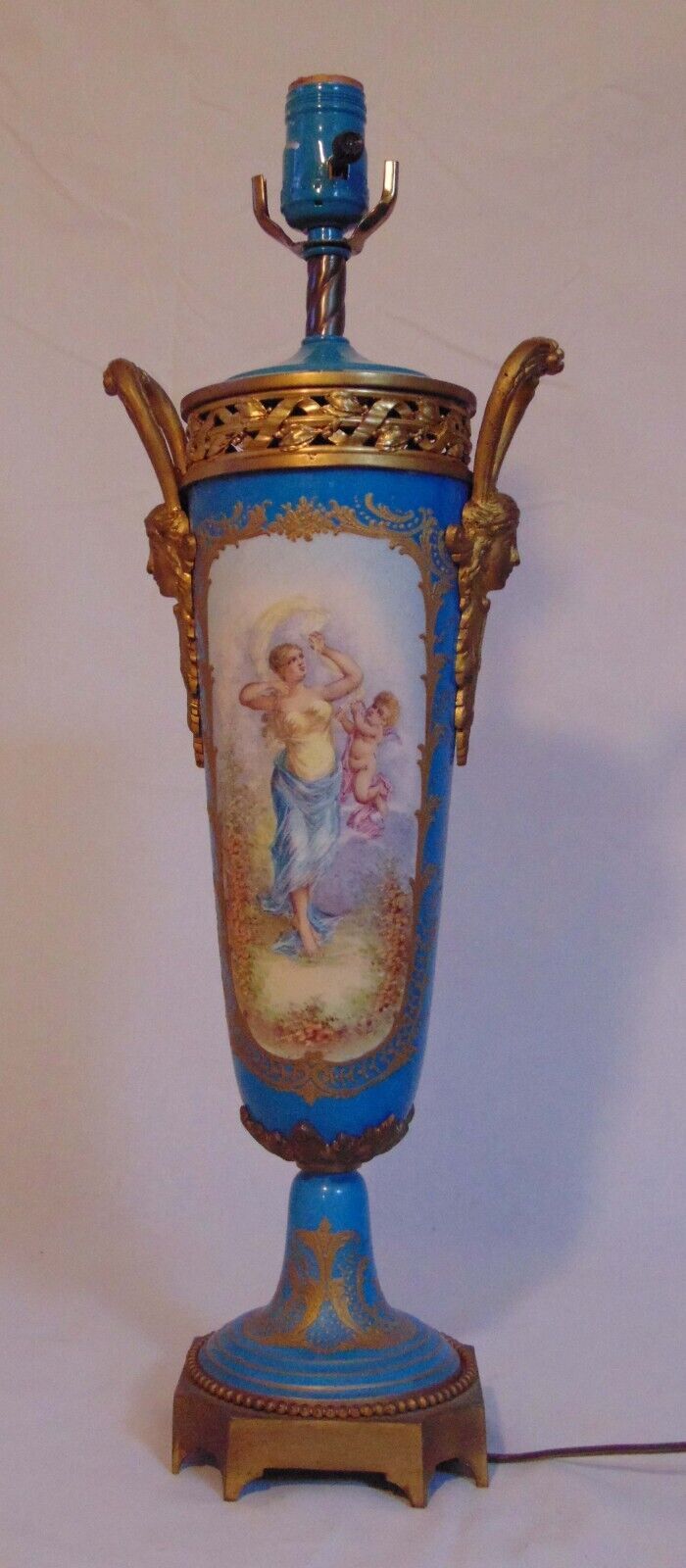 French Blue Sevres Handpainted Porcelain Gilt Bronze Table Lamp Caryatid Handles