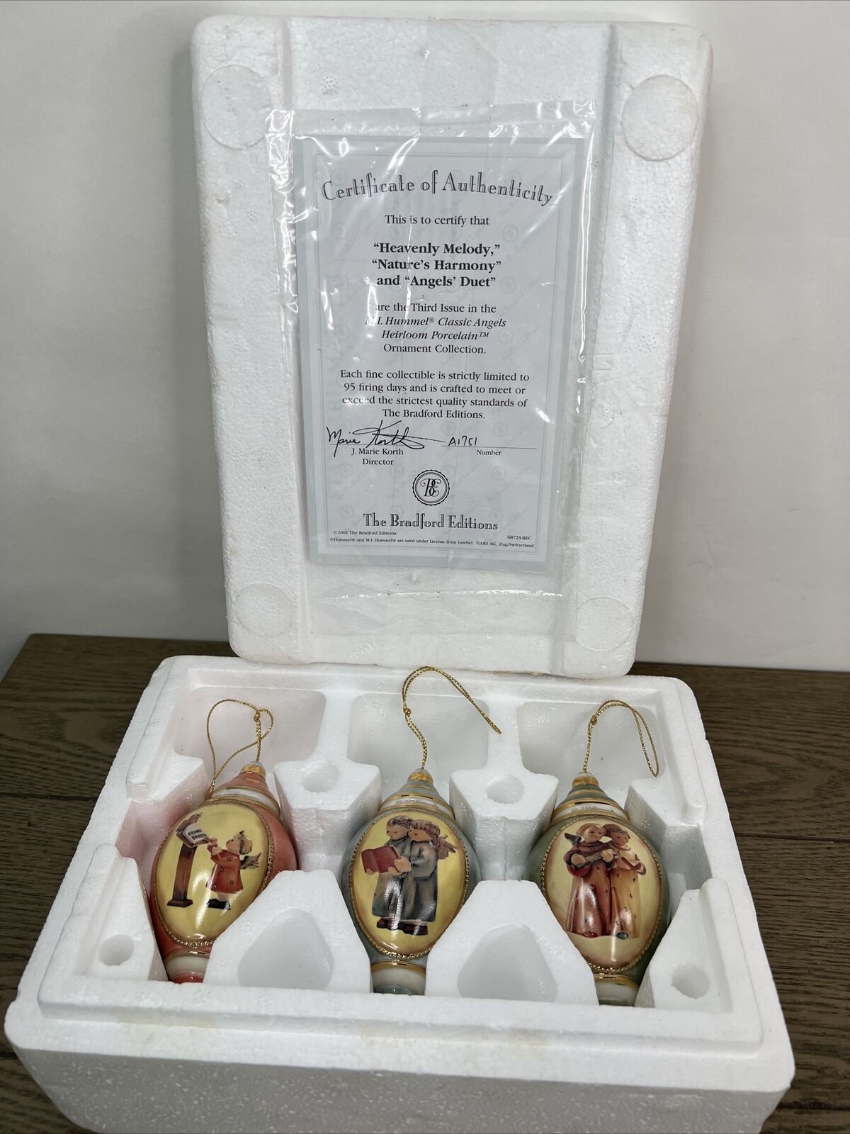 3 Vintage MJ Hummel Angels Porcelain Christmas Ornaments Lot Bradford Editions F