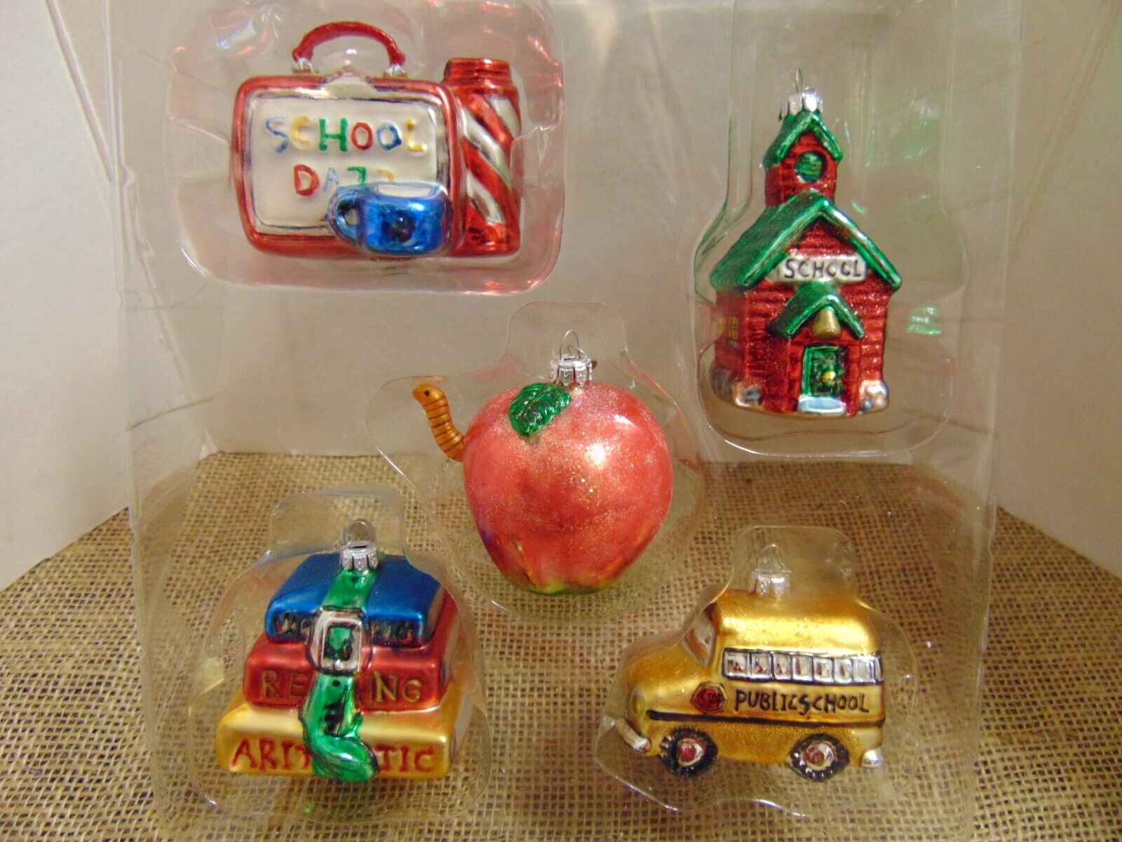Dept 56 School Apple Lunchbox Bus Books Mini Glass Christmas Ornaments LOT OF 5