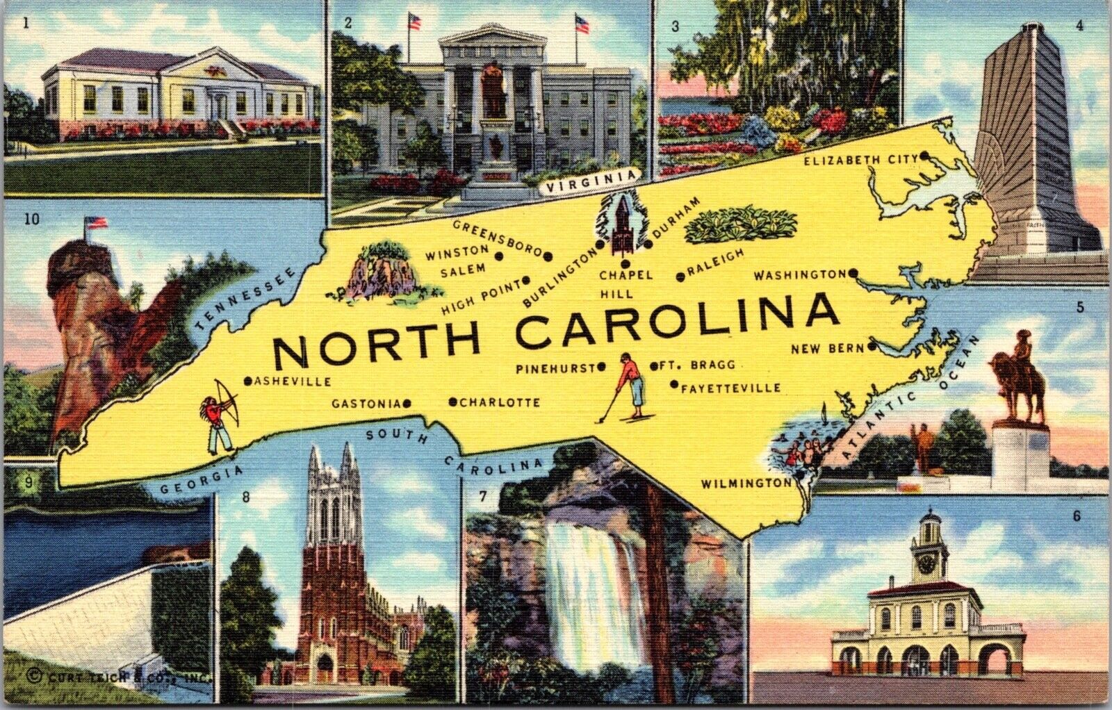 Linen Postcard Multiple Scenes and Map of North Carolina