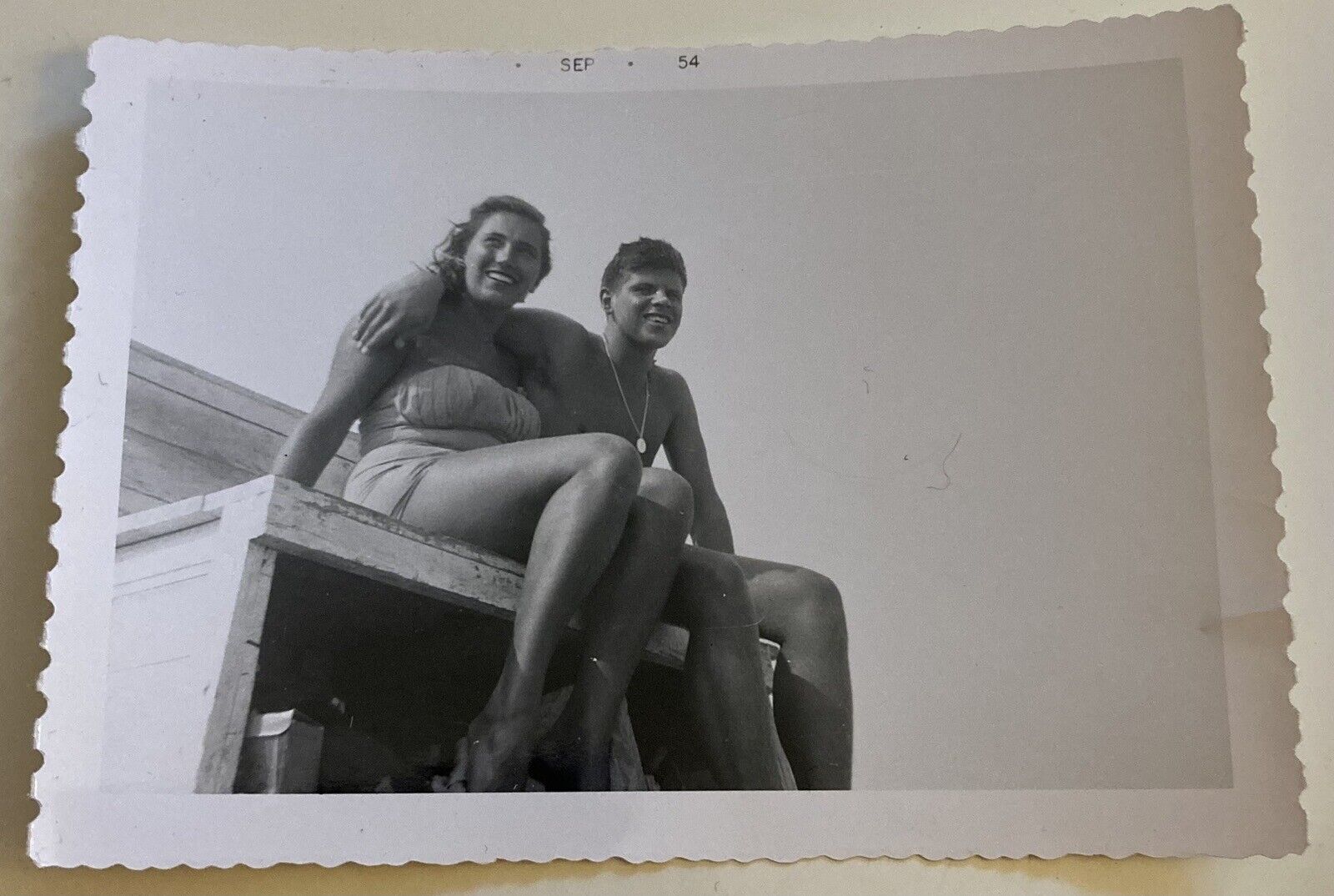1954 Lifeguard & Bikini Girlfriend Jersey Shore FOUND PHOTOGRAPH Original B&W