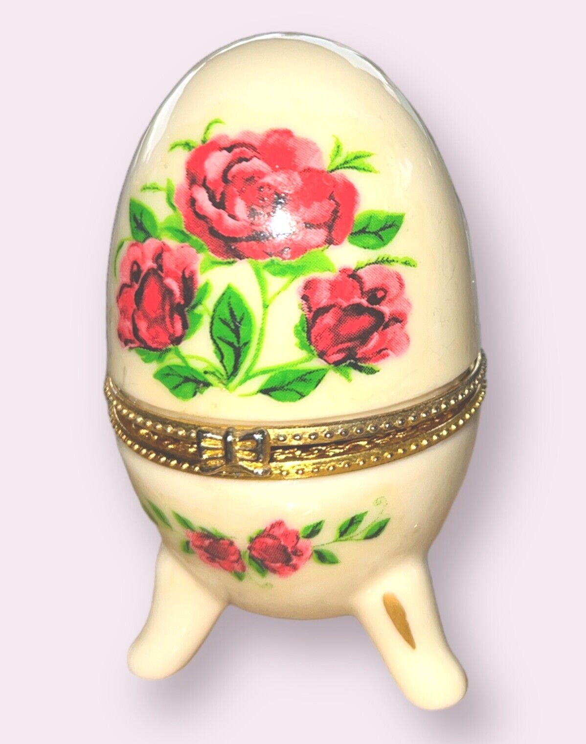 Vintage Porcelain 3 Footed Egg Pink Roses Floral Trinket Box Hinged 3” Giftable