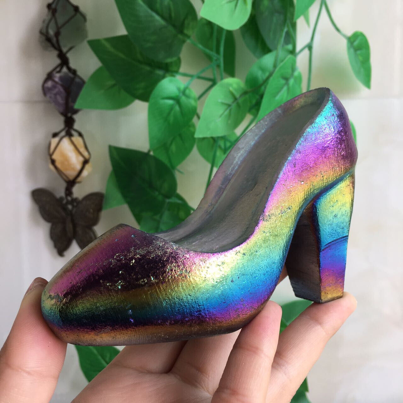 435g Titanium Rainbow Aura White Jade High-heeled Shoes Carving Quartz Crystal