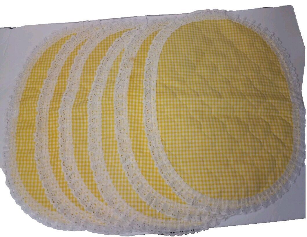 Vintage Yellow/White Gingham Placemats With Lace Trim(6)