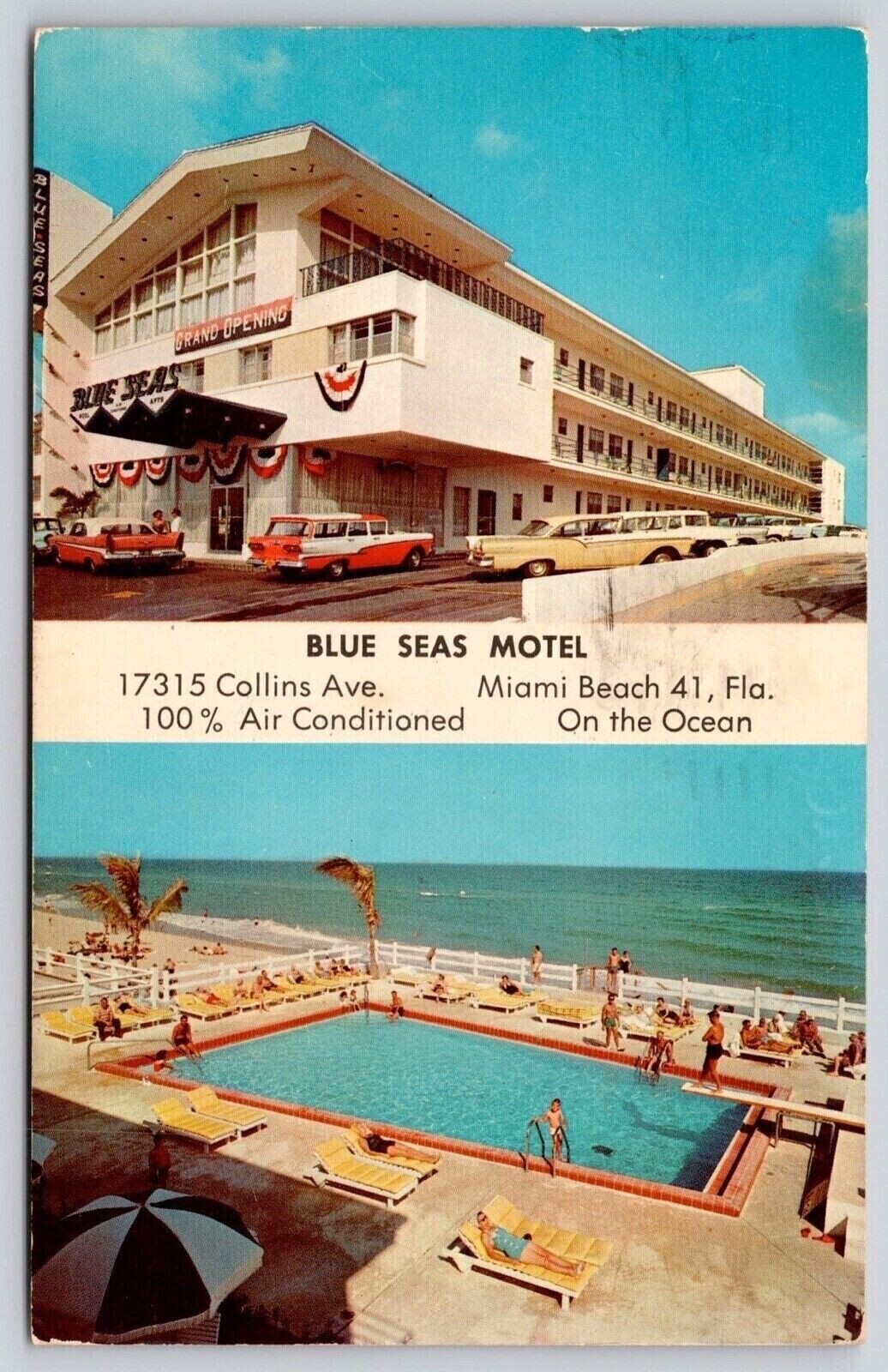 Miami Beach Florida Blue Seas Resort Motel Multi View Chrome Cancel WOB Postcard