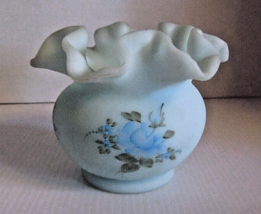 Fenton Blue Satin Glass Ruffled Rose Bowl Vase Signed Hand Painted
