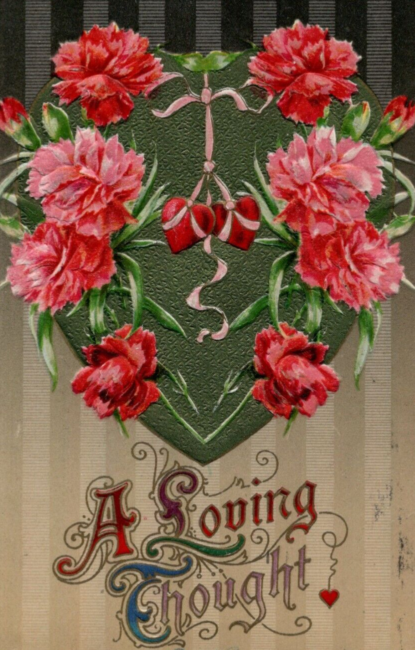 1911 John Winsch A Loving Thought Red Pink Flowers Heart Bow Valentine Postcard