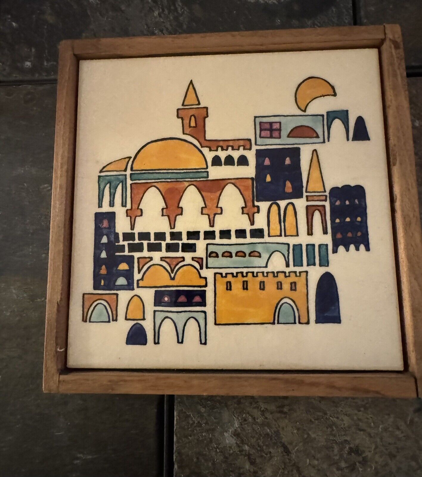 Jewish Israel Beautiful Framed 6” X 6” Tile - Jerusalem Old City - 1980