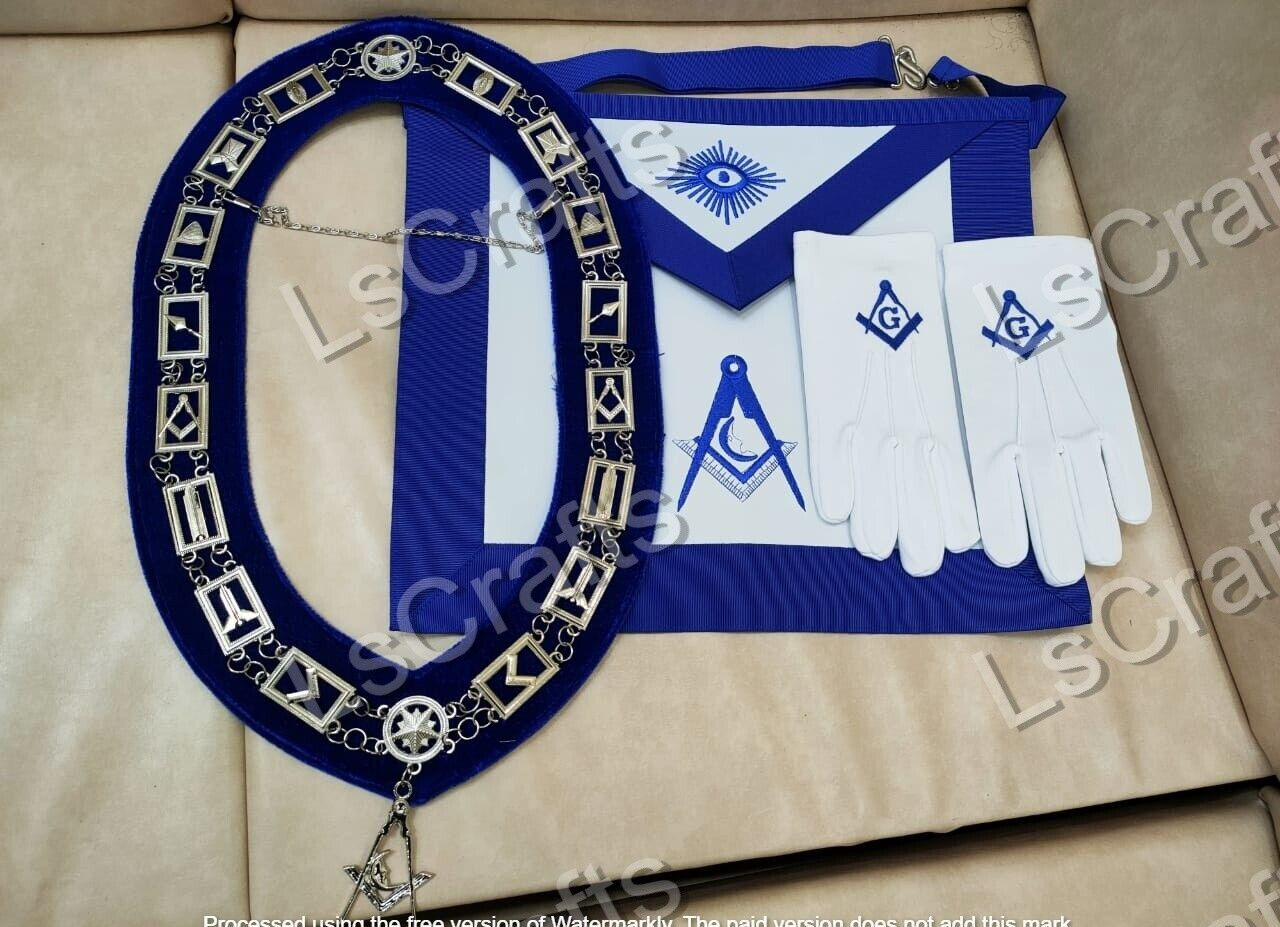 MASONIC BLUE LODGE OFFICER JUNIOR DEACON APRON SILVER CHAIN COLLAR AND JEWEL