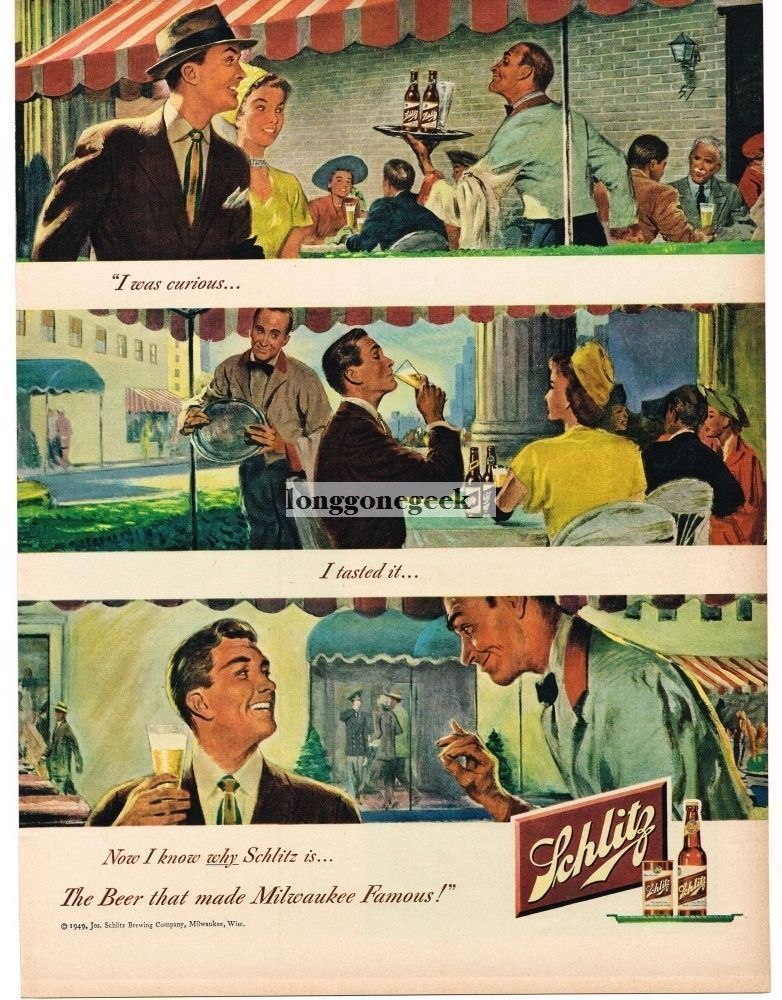 1949 Schlitz Beer Enjoy at Bistro Outdoor Cafe 3-panel art Vintage Ad 