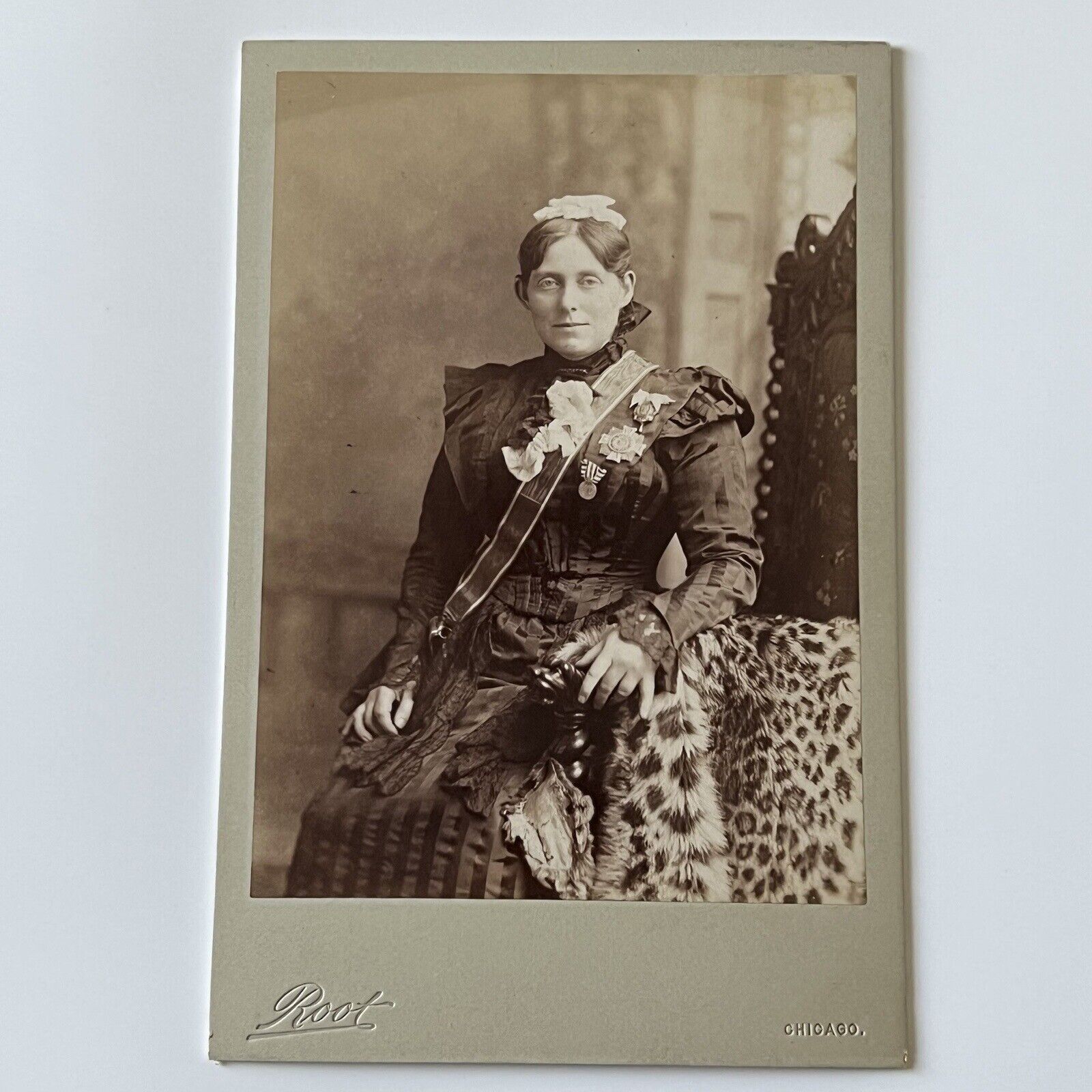 Antique Cabinet Card Photograph Lovely Woman Sash & Awards Leopard Chicago IL