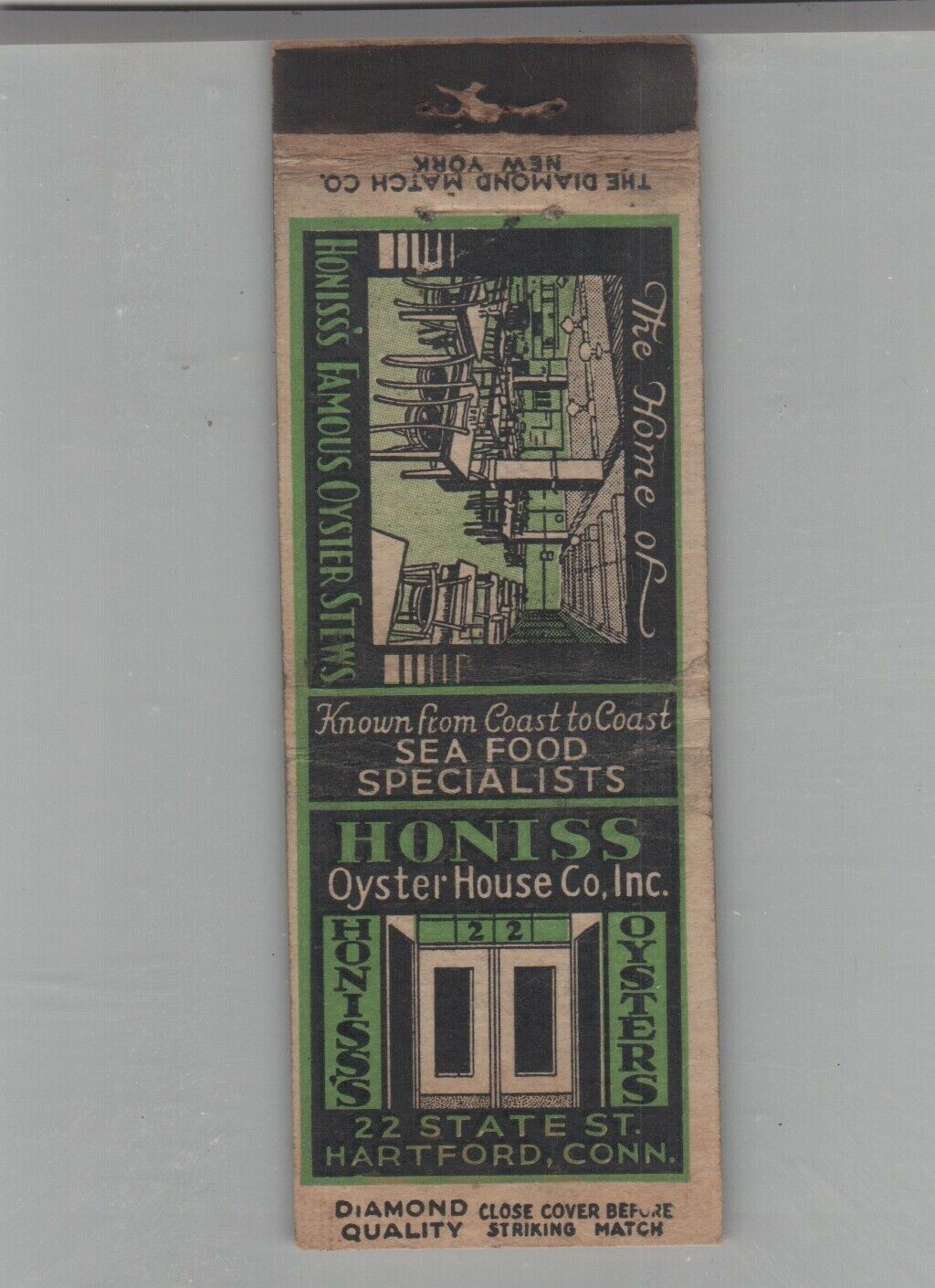 Matchbook Cover 1930s Diamond Quality Honiss Oyster House Hartford, CT
