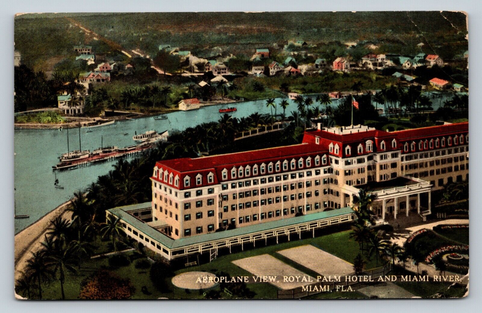 c1913 River Royal Palm Hotel In MIAMI FLORIDA Nice Msg US Flag ANTIQUE Postcard