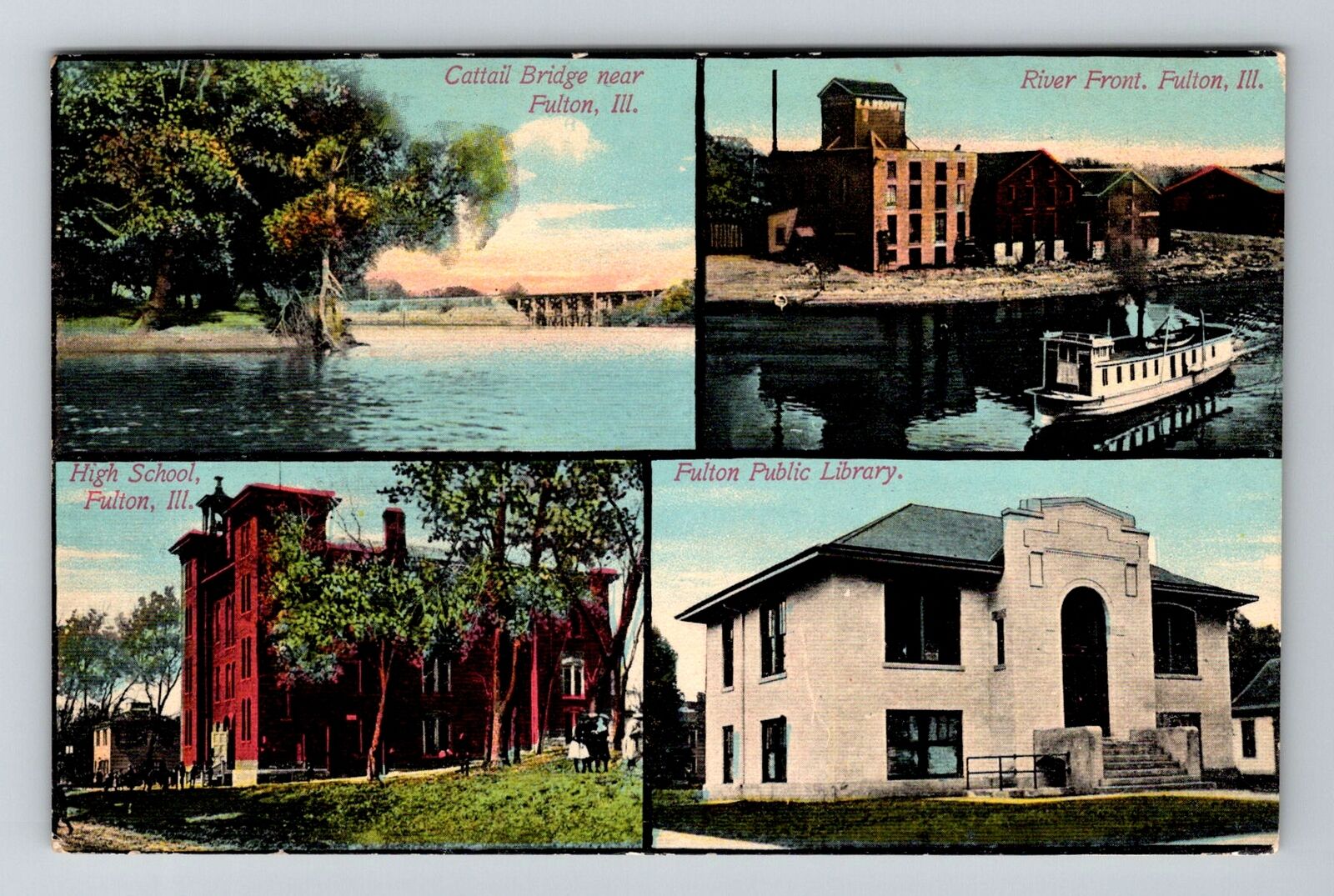 Fulton, IL-Illinois, Library, River Front, High School, c1910, Vintage Postcard