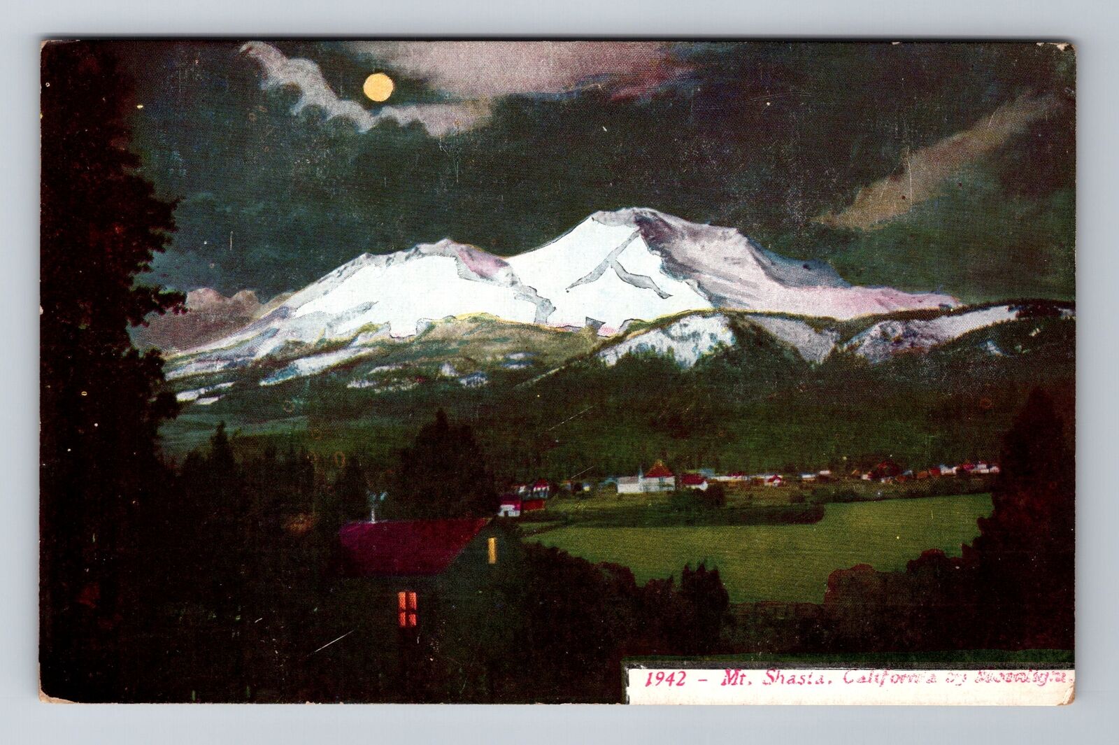 Mt Shasta CA-California, Scenic View By Moonlight, Antique, Vintage Postcard